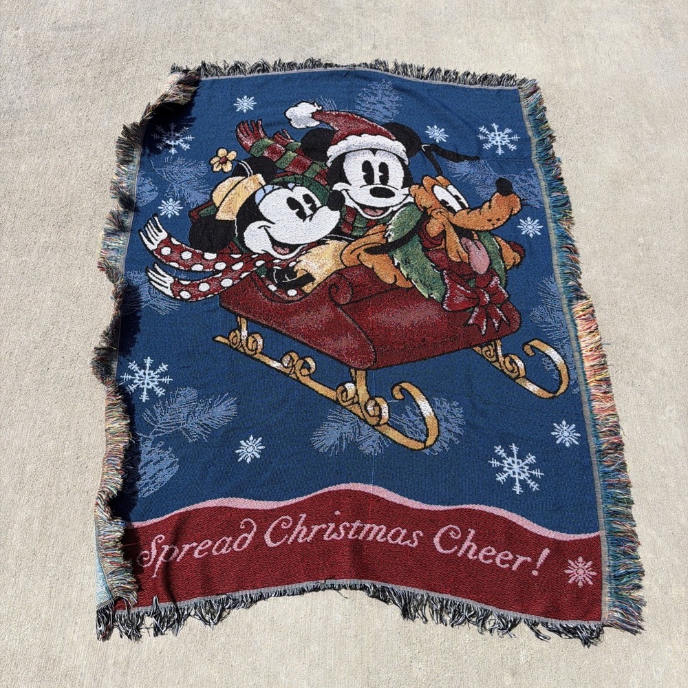 Disney Mickey Minnie Pluto Holiday Christmas Throw Blanket Blue Used